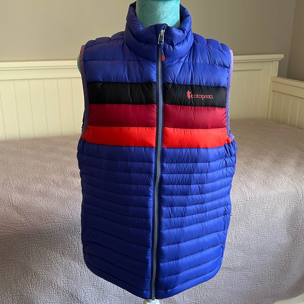 cotopaxi Royal Blue Puffer Vest with Black and Red Stripe